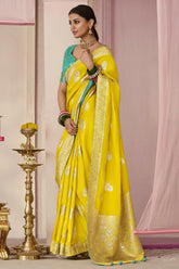 Yellow Dola Viscose Silk Saree Intricate Flower Pattern Weaving On All Over Saree